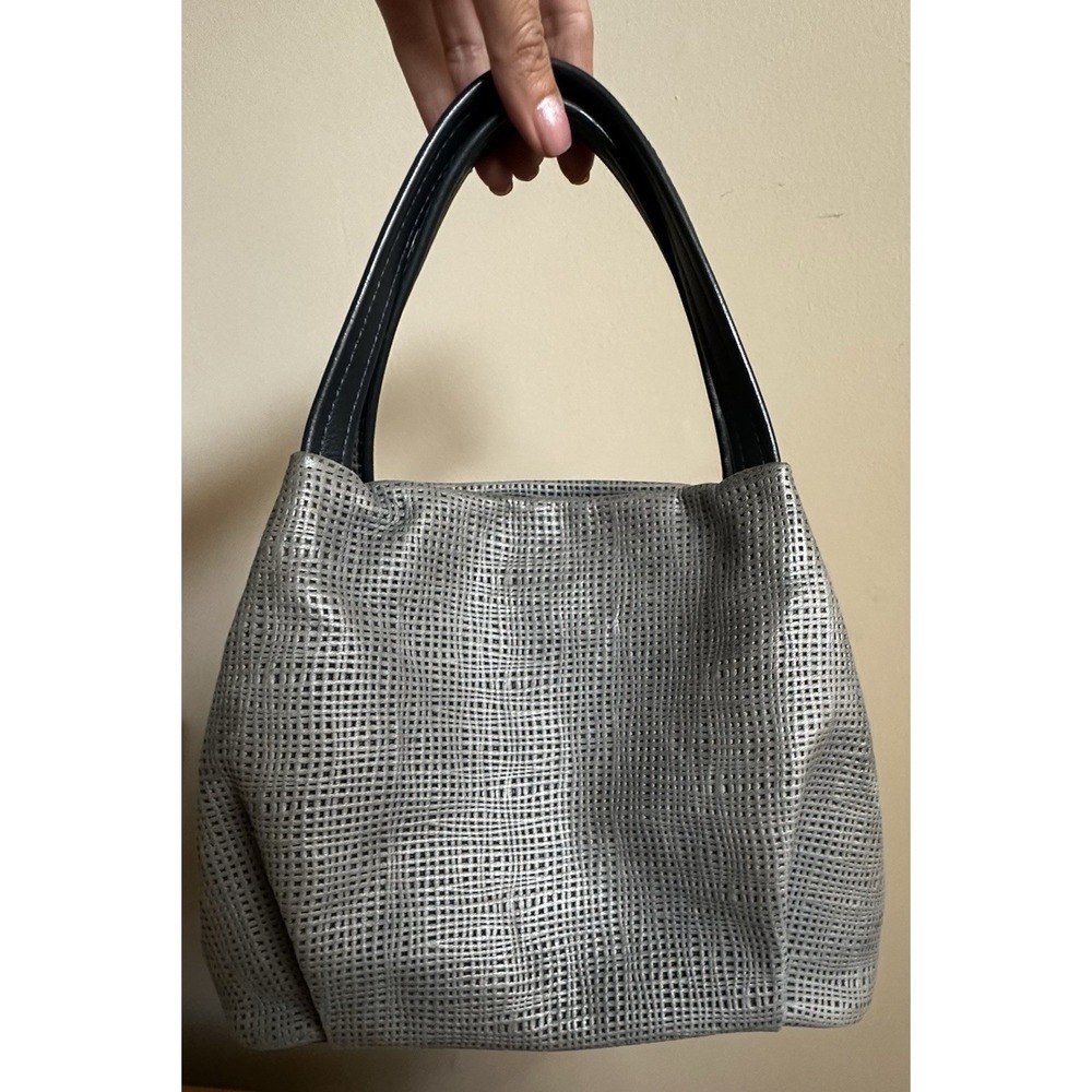 GIANNI CONTI Italy Blue Grey Leather Handbag Perforated Basketweave Satchel READ